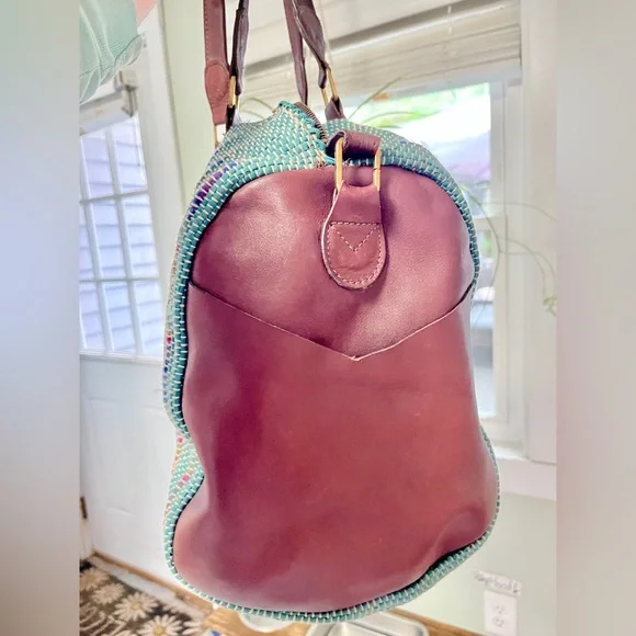 Vintage Hand Woven Leather Weekend Duffle Bag Teal Indie Hippie - Picture 4 of 8